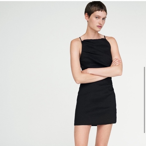 [Zara] Black Linen Draped Mini Dress - Picture 9 of 16